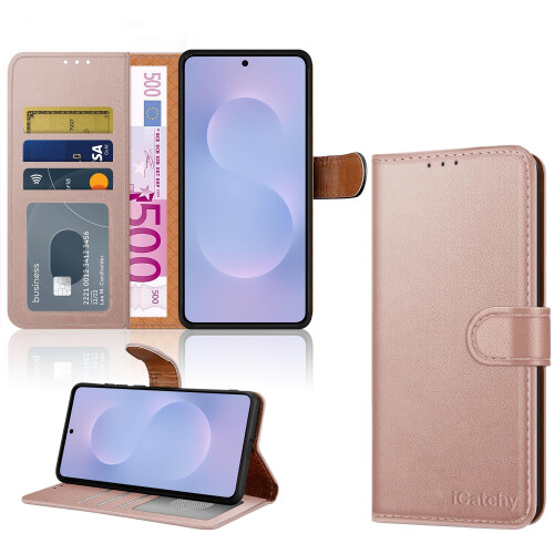 (Rose Gold) Samsung S25 Edge Case, RFID Blocking Wallet Cover