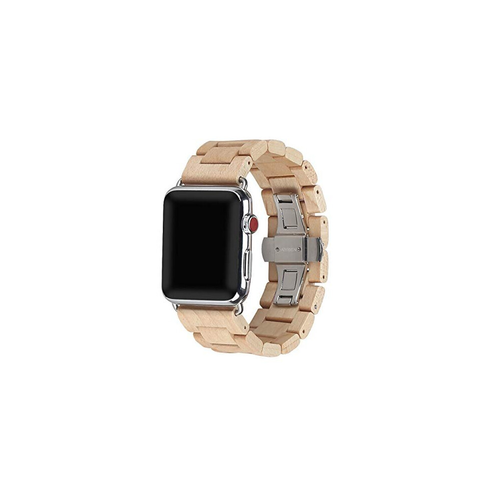 Bracelet de montre en bois 42 mm/44 mm avec boucle papillon en acier inoxydable compatible avec iWatch