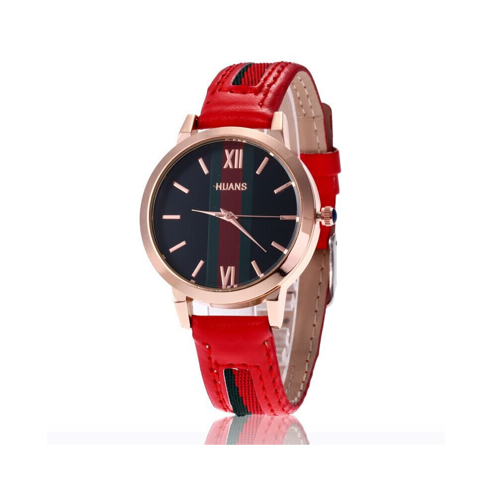 (Rouge) Nouvelle montre à quartz pour femme, style décontracté, simple, ceinture