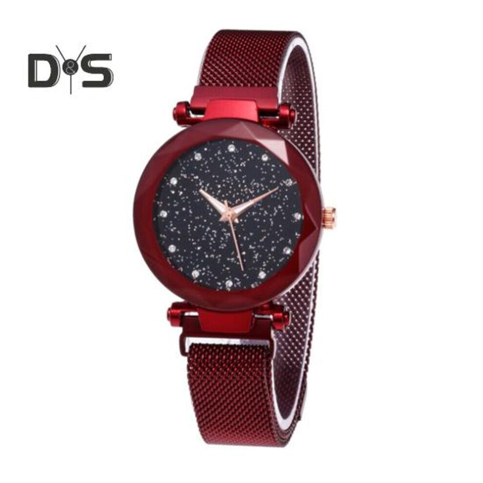 (rouge) Montre à strass ronde pour femmes, montre-bracelet minimaliste en métal, bijoux tendance pour