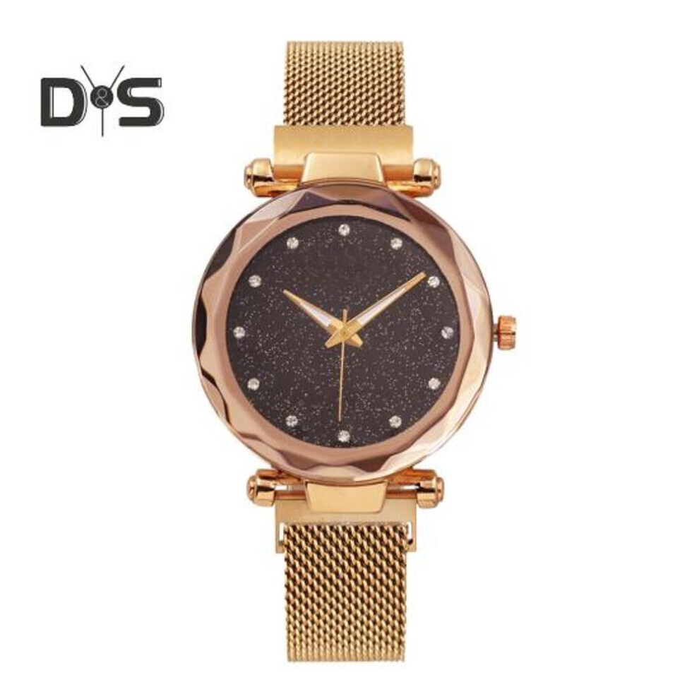 (or rose) Montre à strass ronde pour femmes, montre-bracelet minimaliste en métal, à quartz, pour dames