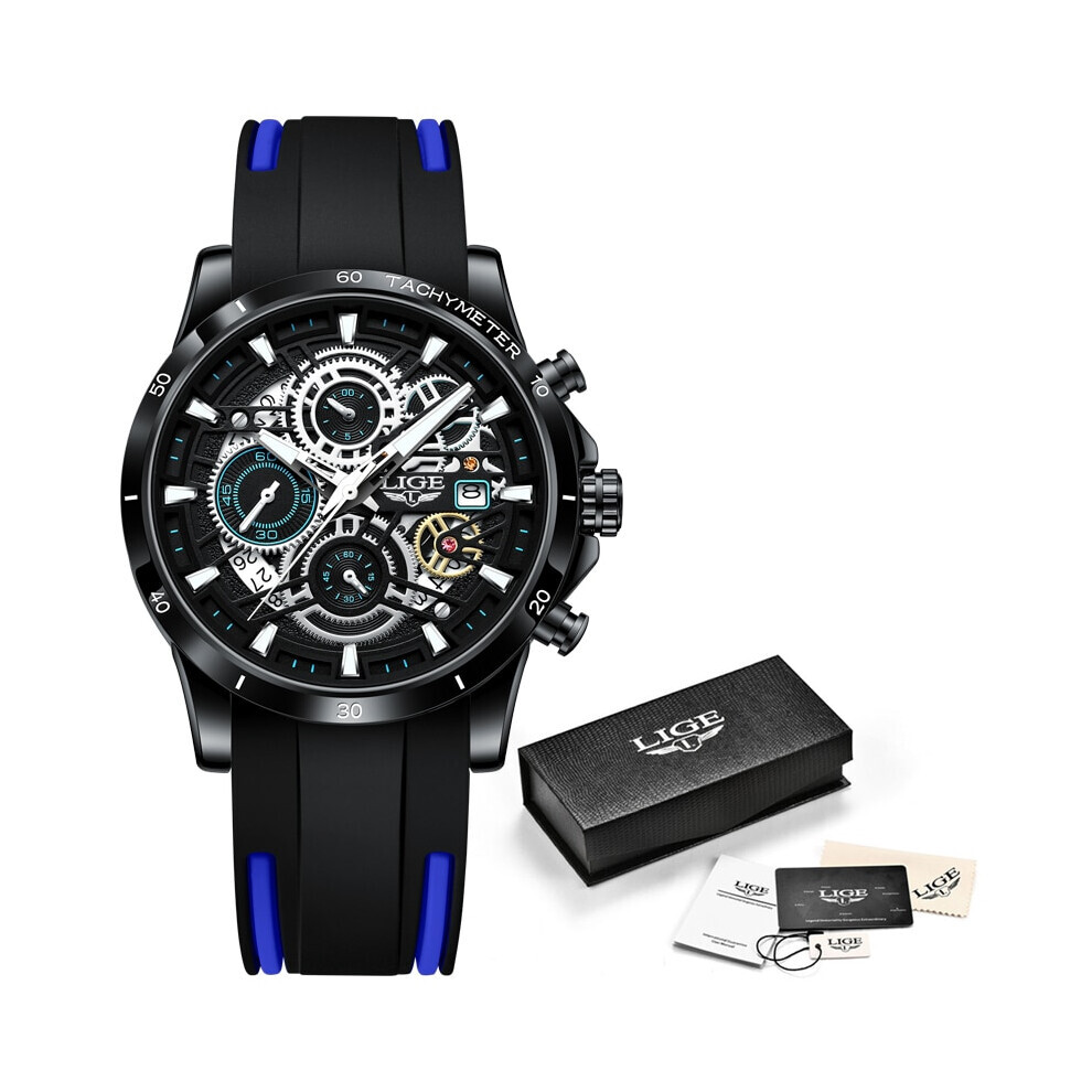 (Silicone noir bleu) LIGE Montre Mode Or Femme Top Marque Luxe Sport Quartz Montre-Bracelet