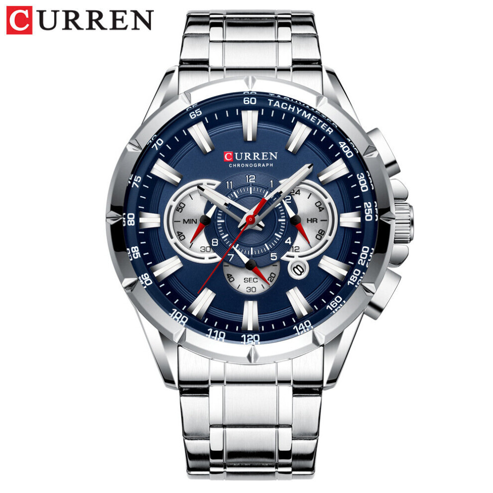 (Montre-bracelet chronographe sport en acier argenté et bleu avec affichage de la date)