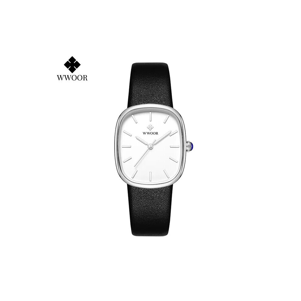 (Argent noir) WWOOR 2023 Montre Femme Mode Cuir Quartz Montre Top Marque Luxe Étanche