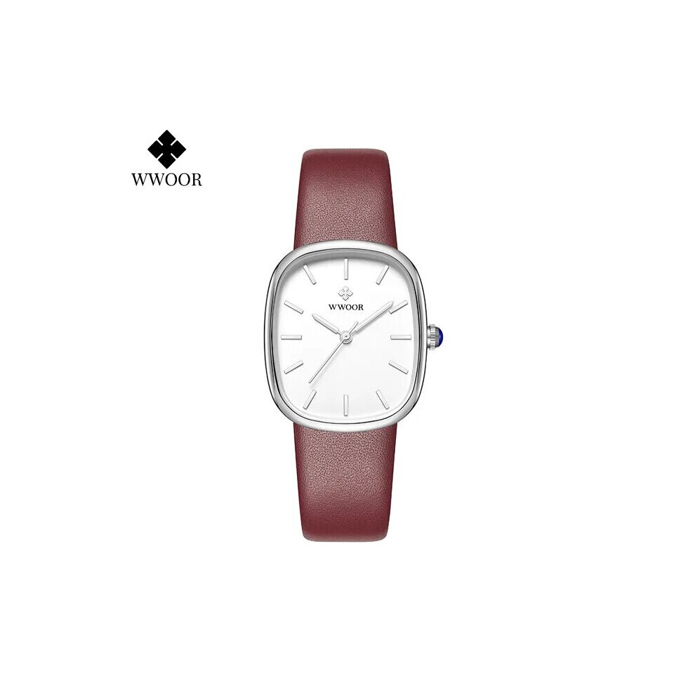 (Argent rouge) WWOOR 2023 Montre Femme Mode Cuir Quartz Montre Top Marque Luxe Étanche