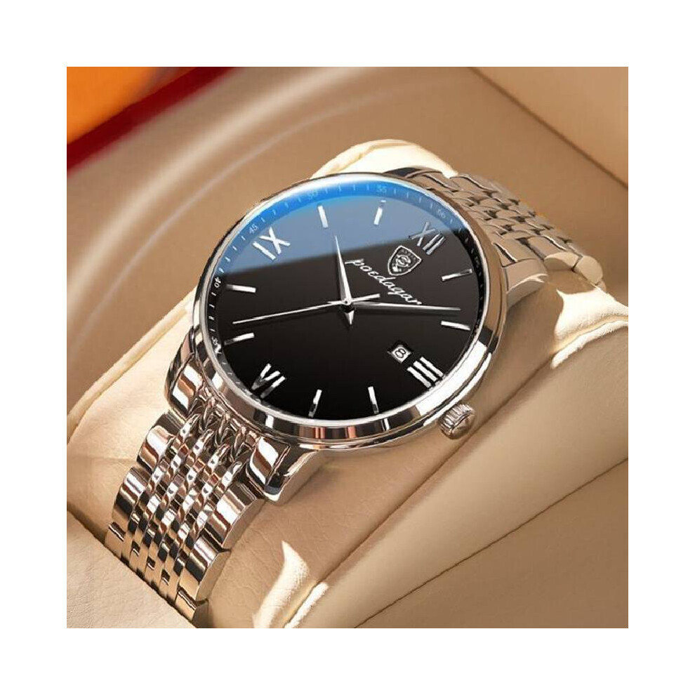 Montre automatique multifonctionnelle en acier pour homme et femme (argent noir)