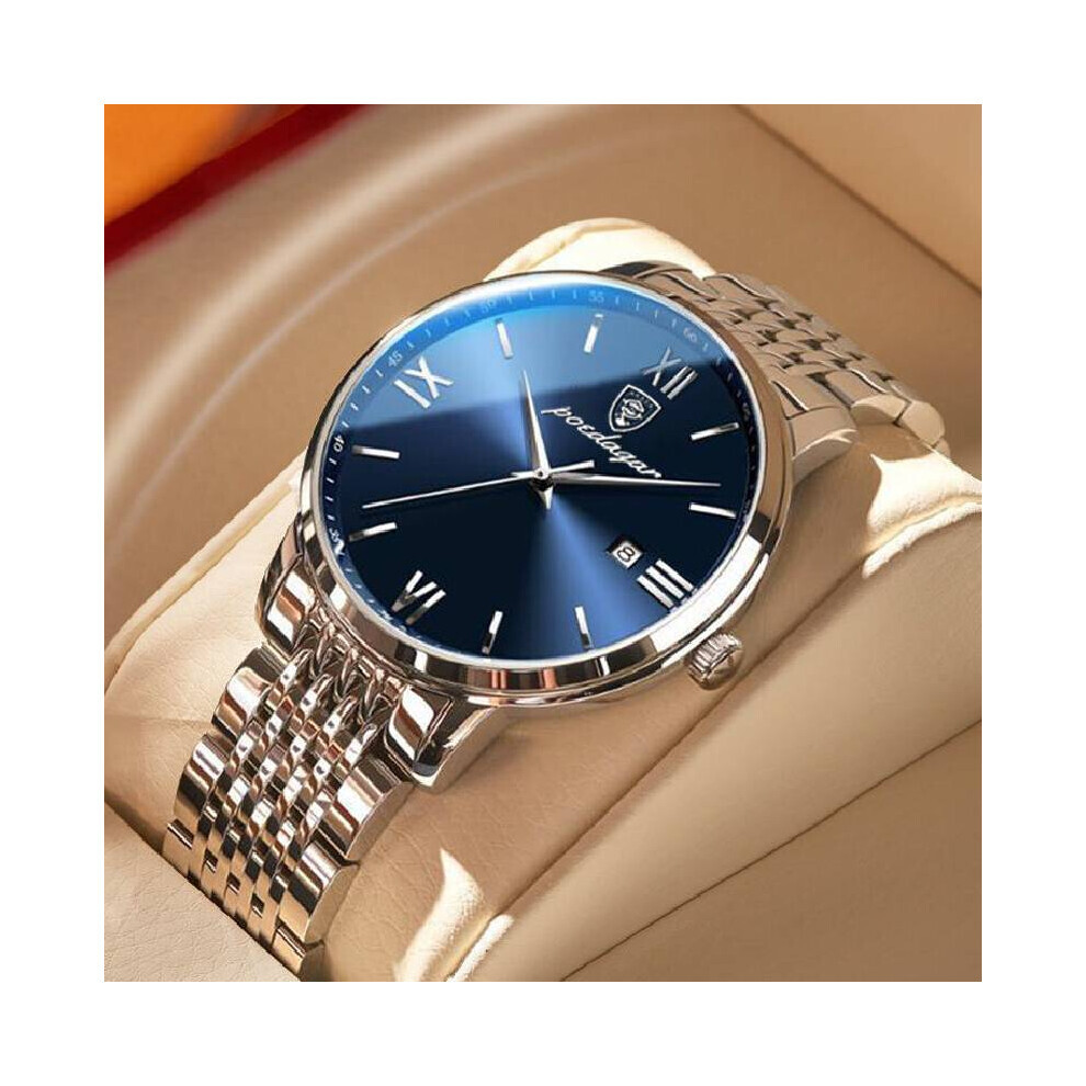 Montre automatique multifonctionnelle en acier pour homme et femme (bleu argenté)