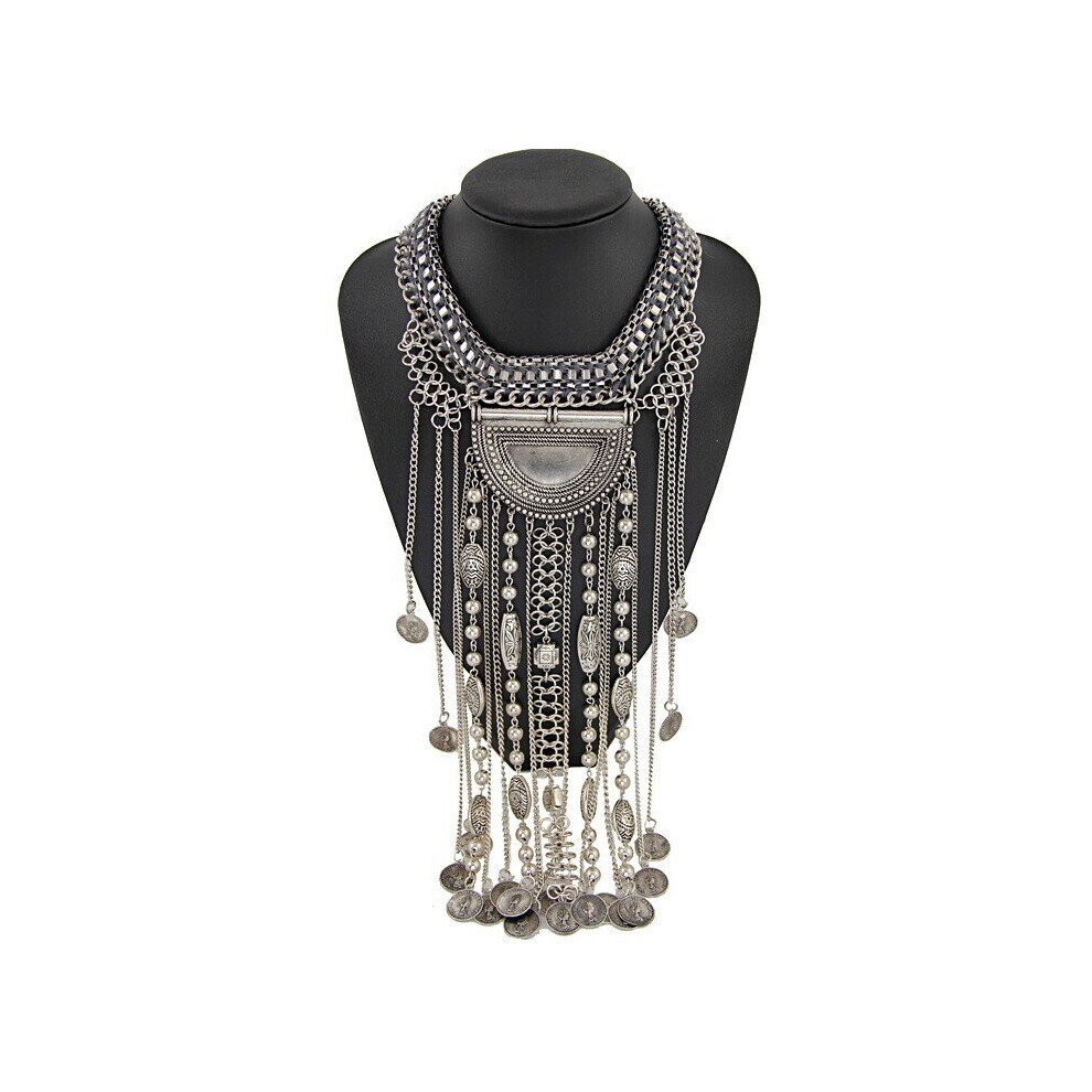 Collier ras du cou vintage plaqué argent avec grand pendentif ethnique en cristal