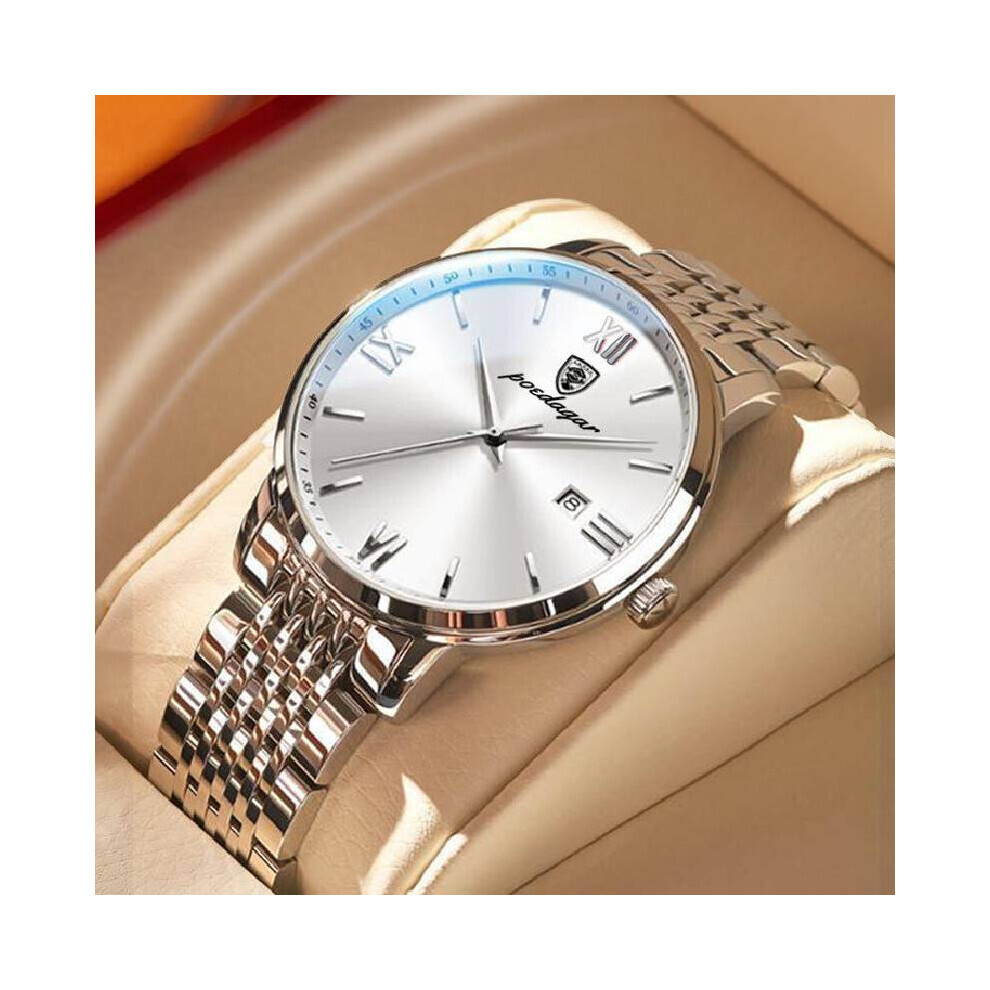 Montre automatique multifonctionnelle en acier pour homme et femme (blanc argenté)