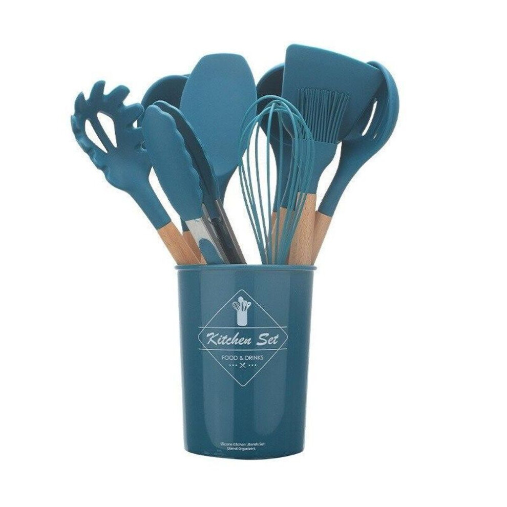 (blue) 11Pcs Cooking Tool Set Silicone Kitchen Utensils Set Non-stick Spatula Shovel Wooden Handle Utensilios Kitchen Accessories-image-OPC-PFSYHH5-NEW