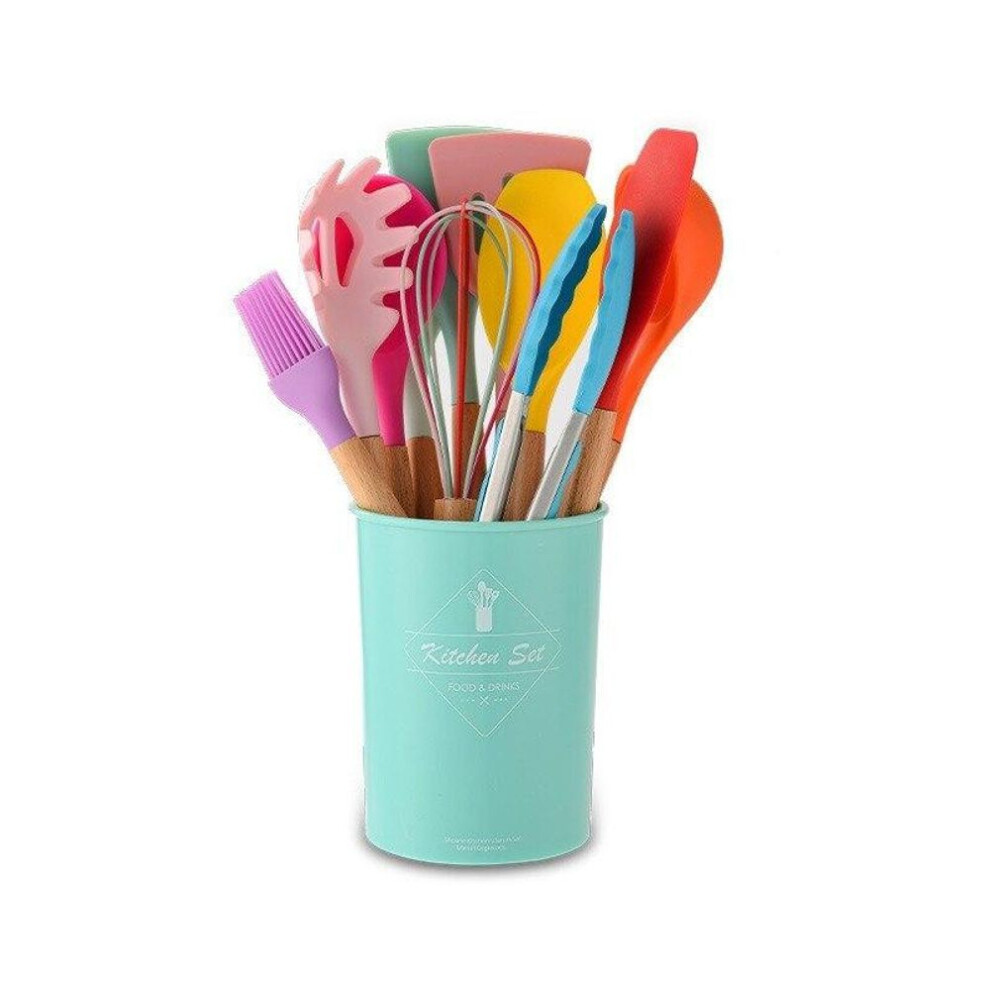 (multicolor) 11Pcs Cooking Tool Set Silicone Kitchen Utensils Set Non-stick Spatula Shovel Wooden Handle Utensilios Kitchen Accessories