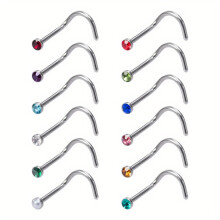 12 piercings para la nariz con piedra de nacimiento, con forma de hueso y tornillo, para la fosa nasal.