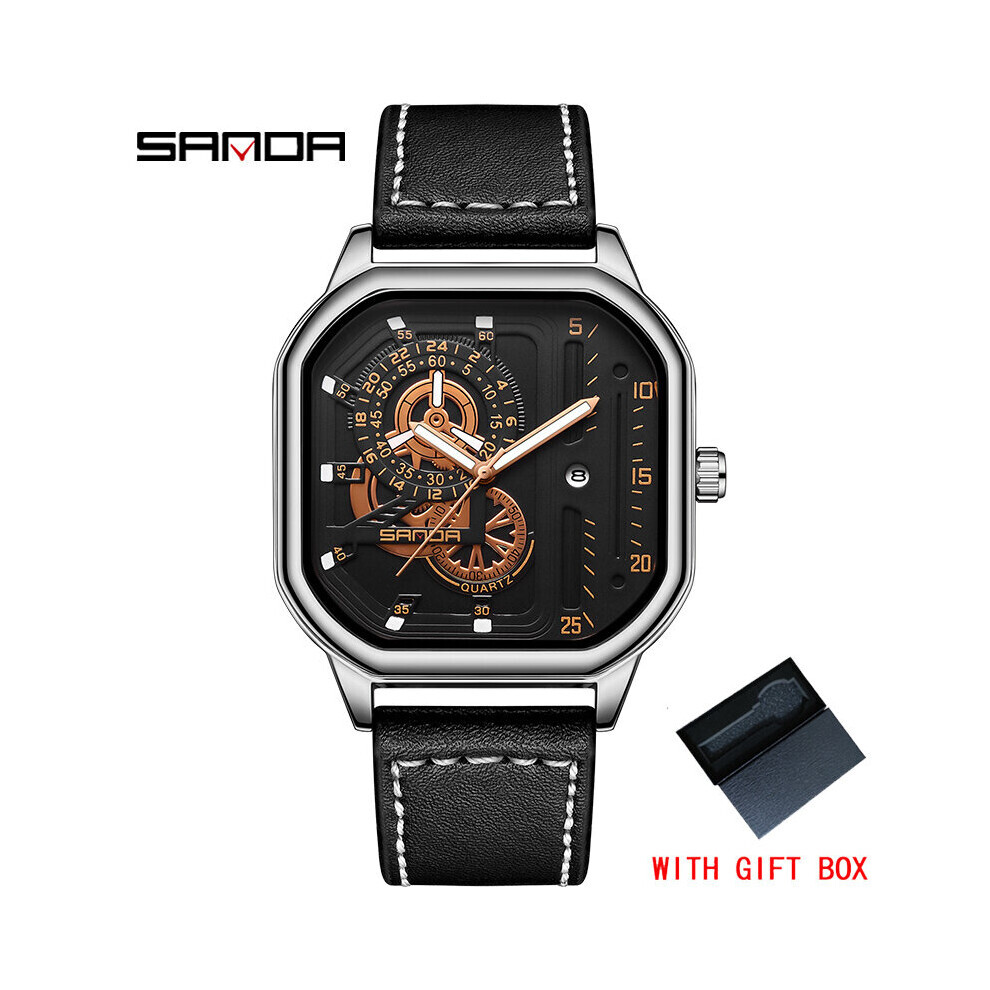 Montre à quartz pour homme, automatique, date, décontractée, bracelet en cuir, étanche, avec coffret