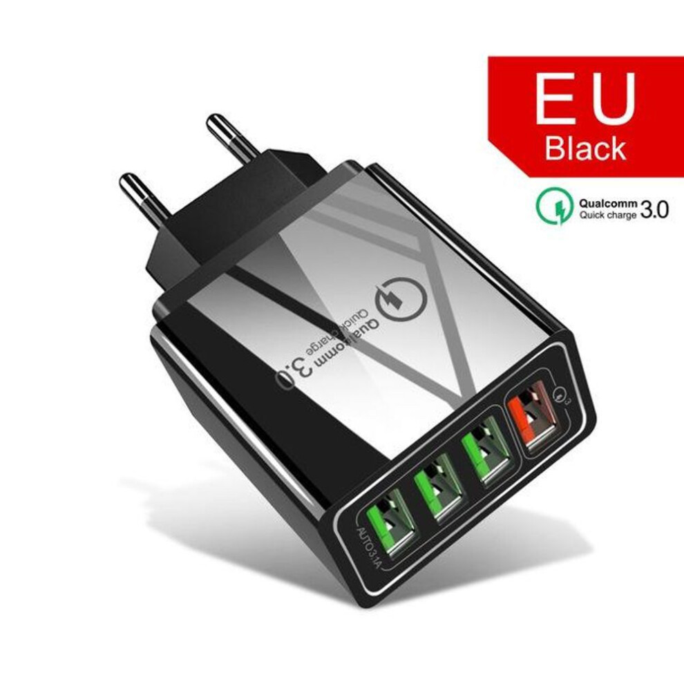 (EU Plug, Black) 4-Port 48W Quick Charger 3.0 USB Charger for Samsung IPhone Huawei Tablet QC 3.0 Fast Charger Adapter