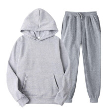 (light grey, S) Men's Solid Color Hooded Pullover Sets Autumn Winter Fleece Hoodie Two Piece Suit Plus Size Men's Sportswear Pant Tracksuit