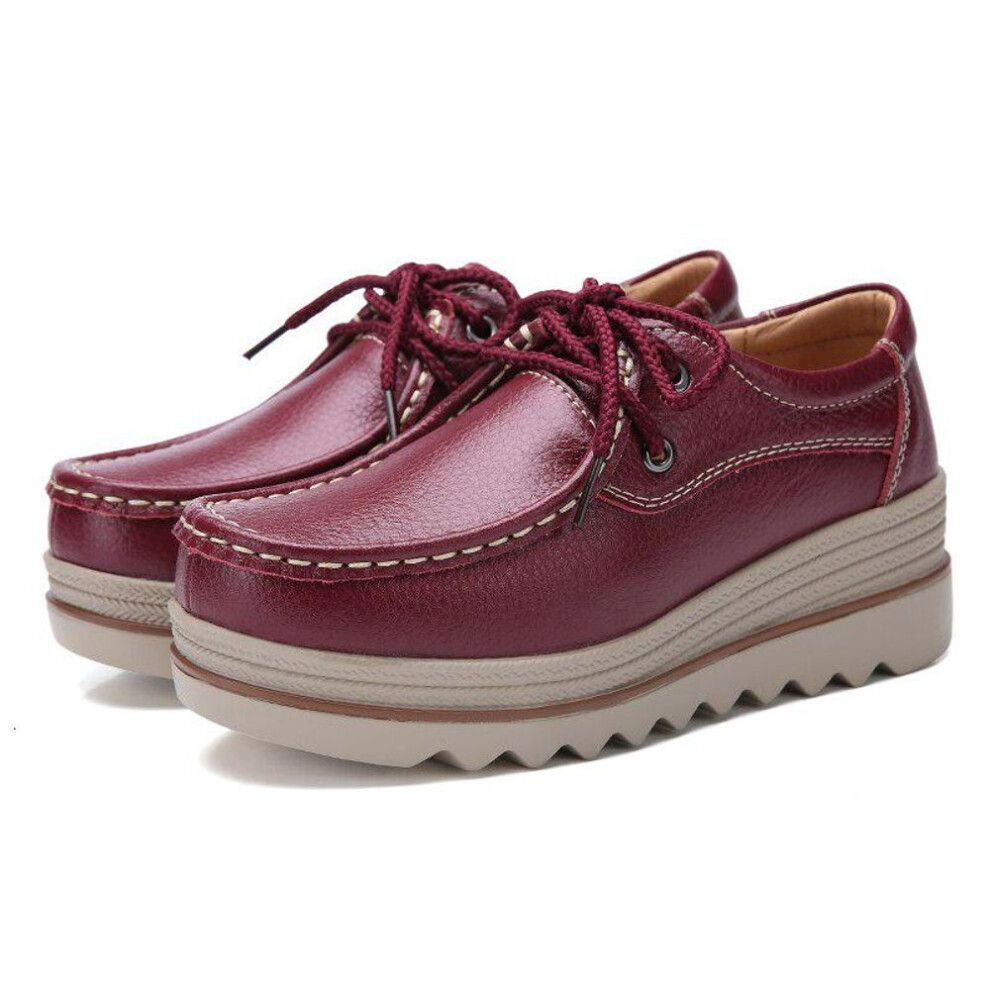 (dark red, 37) Women Platform Sneakers Genuine Leather Shoes Casual Shoes Ladies Thick Sole Flat Comfort Loafers