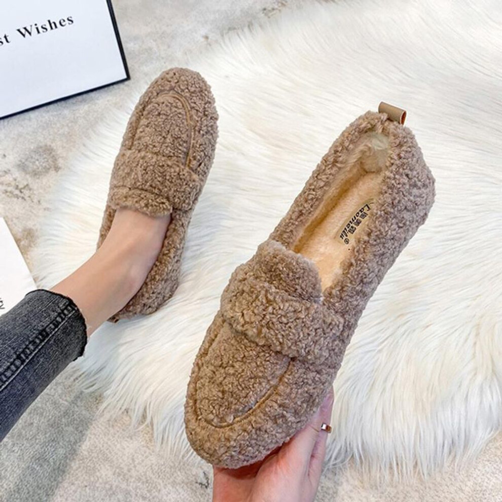 (khaki, 40) Big Size Lambwool moccasins femme curly sheep fur flats woman warm plush loafers winter cotton shoes women furry snow boot