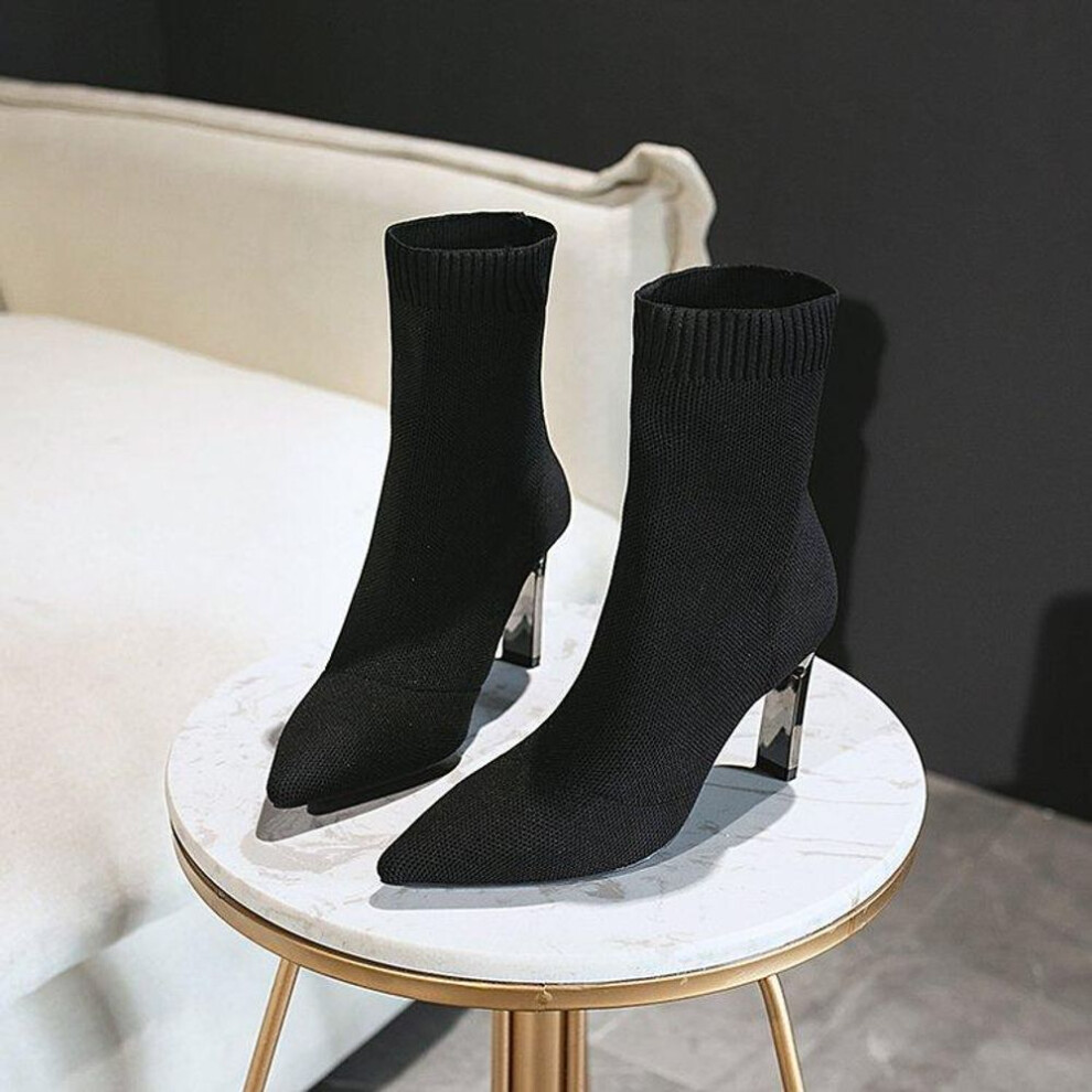 (black, 41) Stretch Knit Socks Boots Women&apos;s Autumn and Winter Europe and America Pointed Thick with Mid-tube Pointed Thin Boots High-heeled Ankle Boots
