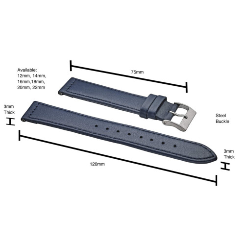 Alpine flat Leather Watch strap with Quick Release Spring Bars - Blue - 12 mm 1