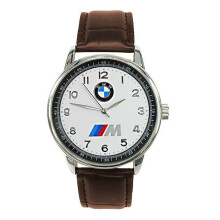 BMW Herren Sportuhr Auto Edelstahl mit weißem Zifferblatt und braunem Lederarmband