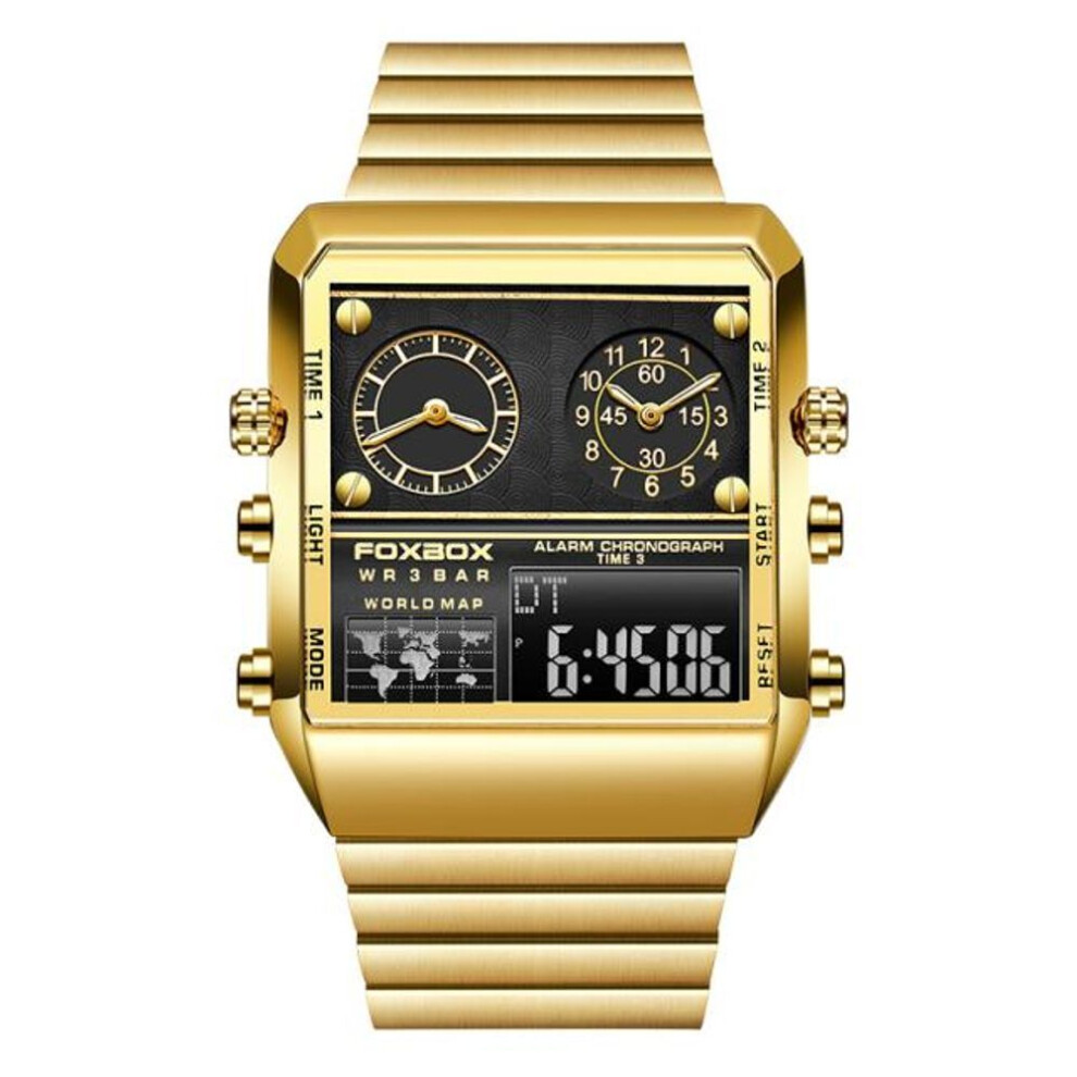 (Golden) 2022 FOXBOX New Watches For Men Luxury Brand Stainless Steel Military Wristwatch Casual Digital Sport Date Clock Chronograph Mens Watch LIGE