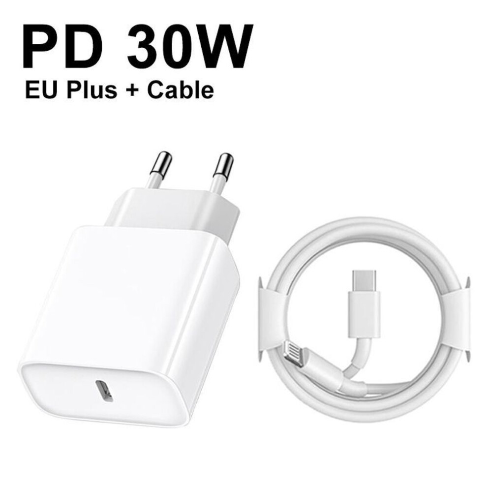 (EU Charger, White) 30W USB-C Power Adapter Fast Charger For Apple iPhone 14 15 Pro Max 13 12 11 X XS XR 7 8 Plus Lightning Charging Cable