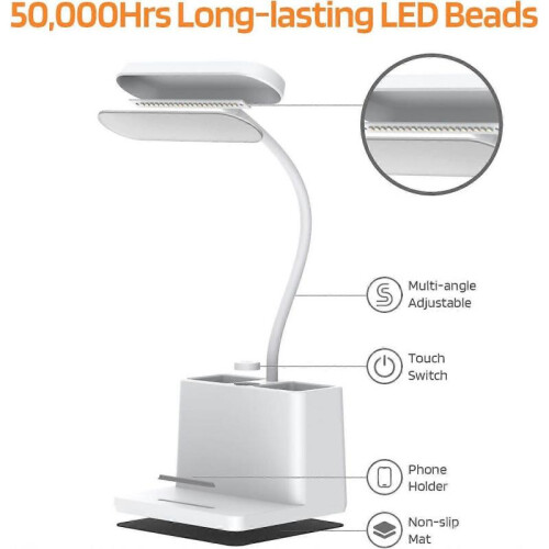 LED small white desk lamp, bedroom desktop/computer study lamp, rechargeable, pen holder 2