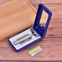 (blue) Men's Traditional Double Edge Stainless Steel Razor Double Edge Blade Safety Shaver Handle Holder Blade Mirror