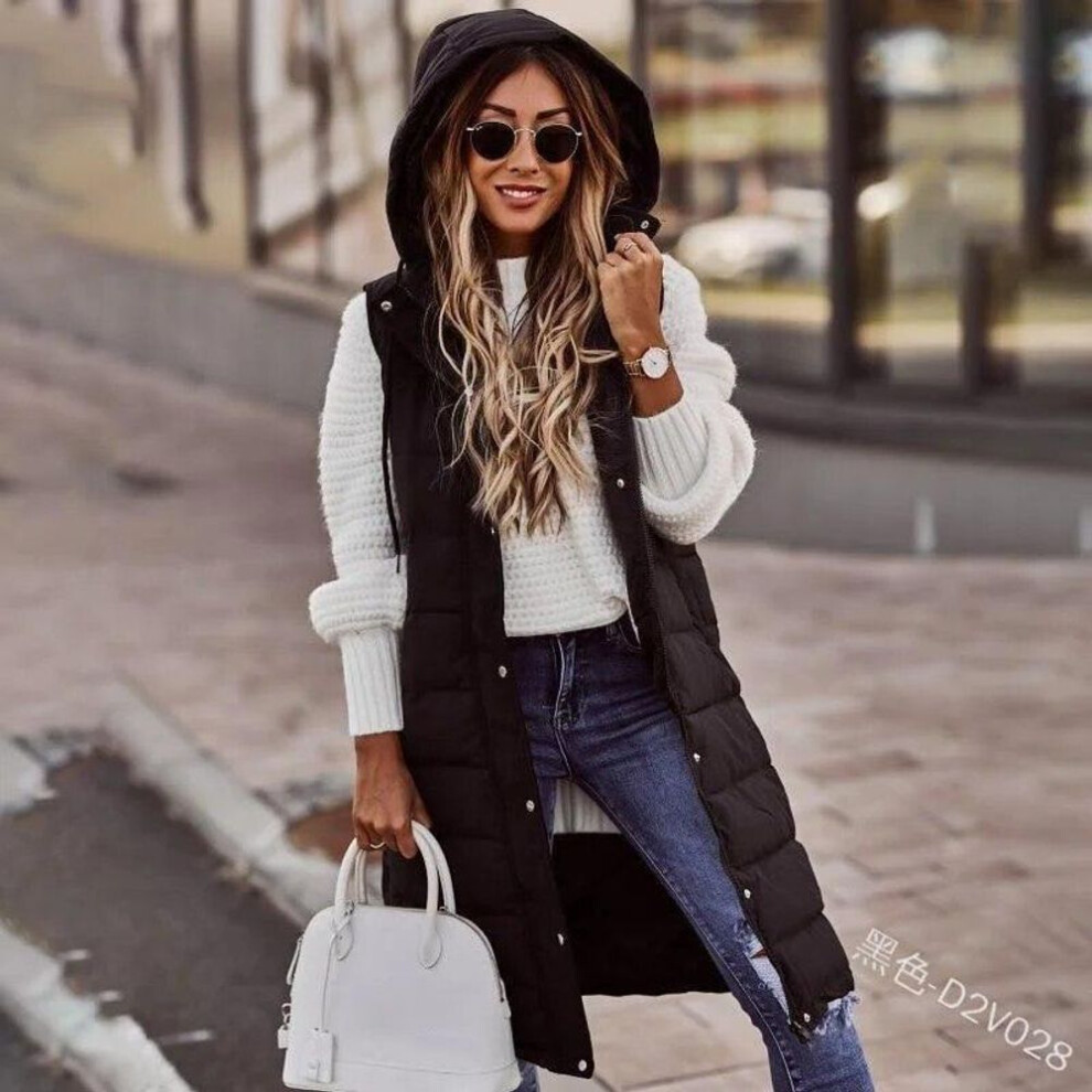 (black, XXL) Order Two Size Up,Sleeveless Winter Jacket Women Midi Coats Down Vest Keep Warm Elegant Black Hooded Street Hipster Lady Cotton Overcoat
