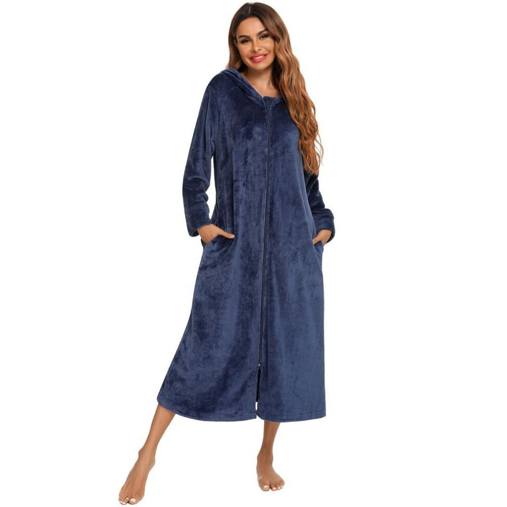(navy blue, L) Women's Zip Up Plush Fleece Robe Hooded Warm Long Bathrobe Dressing Gown Winter Cozy Zipper Lounger Sleepwear Housecoat Loungewear Nightgown