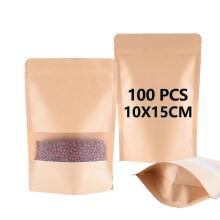 100pcs Kraft Paper Bag with Window(14x20x5cm),resealable Stand Up Pouch, Brown Paper Bags, Wholesale Food Packaging,waterproof And Moisture-proof