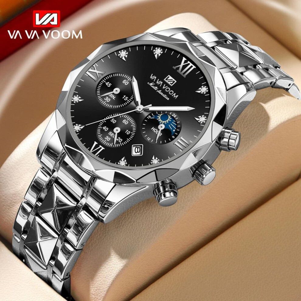 (silver) VA VA VOOM Quartz Watch Men Top Brand High Quality Stainless Steel 30M Waterproof Luminous Date Week Sports Business Wristwatches
