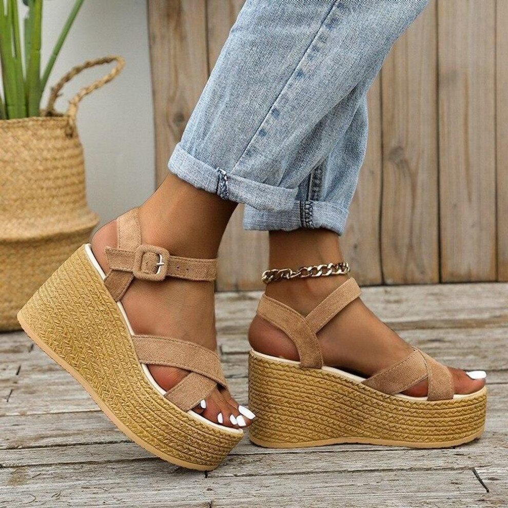 (khaki, 35) Fashion Wedge Sandals for Women Summer 2023 Casual Non-slip Peep Toe Platform Shoes Rubber Sole Buckle Elegant Heels Women