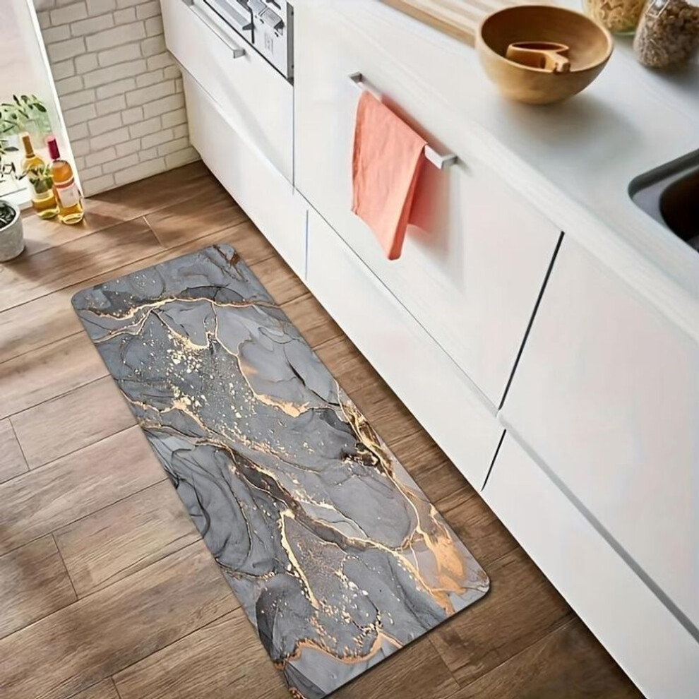 (160x200cm) Luxury Grey Marble Kitchen Mat Soft Thickened Kitchen Floor Mat Waterproof Non-slip Oil-proof Floor Mat Runner Rug