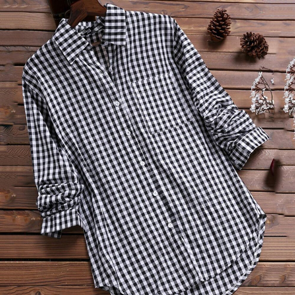 (black, XXXL) Women's Casual Loose Plaid Long Sleeve Pocket Plaid Lapel Vintage Shirt