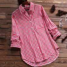 (red, XXXXXL) Women's Casual Loose Plaid Long Sleeve Pocket Plaid Lapel Vintage Shirt