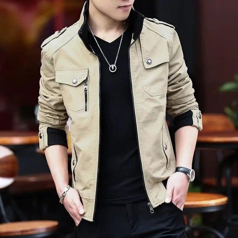 (khaki, XXXXXL) Mens Cargo Jackets  Fashion Bomber Jacket Mens Wear Simple British Style Warm Windproof Jacket and Coat Baseball Jacket