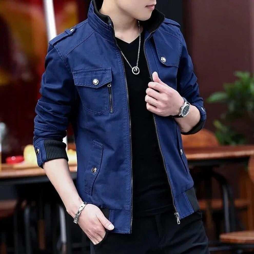 (blue, XL) Mens Cargo Jackets  Fashion Bomber Jacket Mens Wear Simple British Style Warm Windproof Jacket and Coat Baseball Jacket
