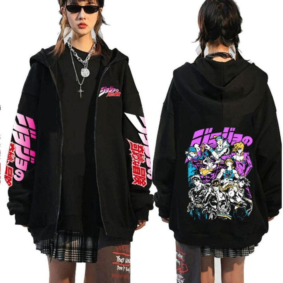 (black, M) JoJo Bizarre Adventure Zip Up Hoodie Funny Japanese Anime Zipper Hooded Sweatshirt Men's Harajuku Hip Hop Clothes Unisex Hoodies