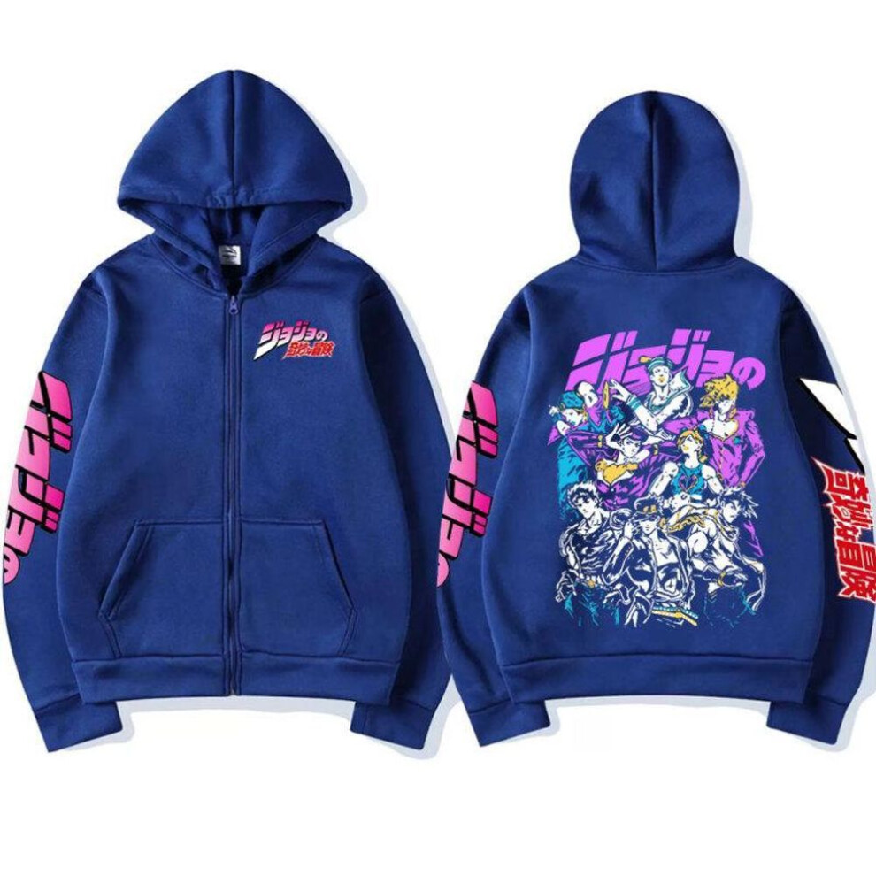 (navy blue, S) JoJo Bizarre Adventure Zip Up Hoodie Funny Japanese Anime Zipper Hooded Sweatshirt Men's Harajuku Hip Hop Clothes Unisex Hoodies