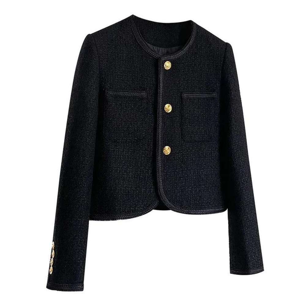 (black, S) Classic Style Tweed Coat Pocket Causal Tweed Coat Office Ladies Suit Jacket