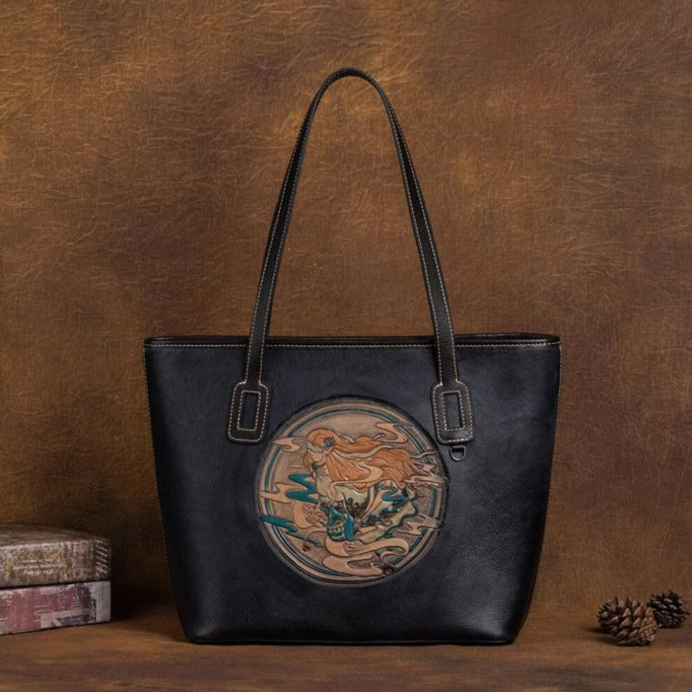 (black, 38*28.5*12cm) Totem Embossing Vintage Design Women Handbags Genuine Leather Shoulder Bags for Ladies Brand Fashion Tote Bag
