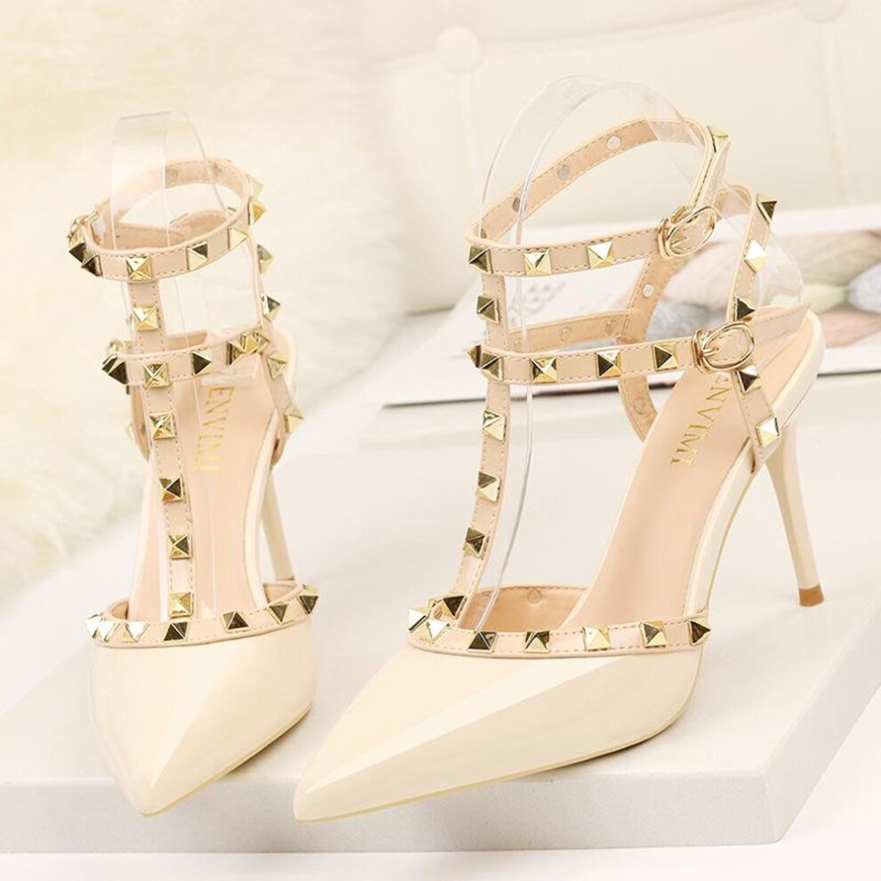 (almond, 34) Fashion Stud Ladies Pointed Toe High Heels Women's Summer Sandals