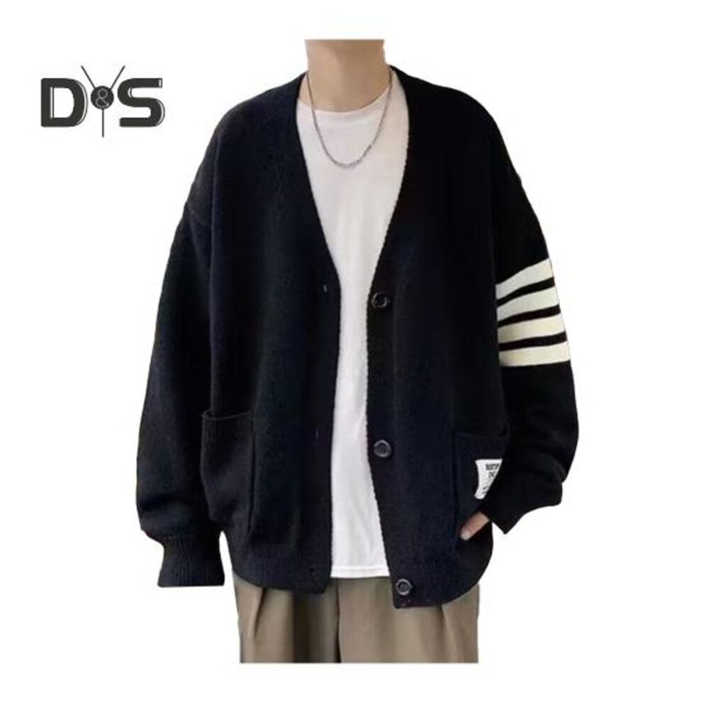 (black, XXL) Fall Winter Men Cardigan V Neck Knitted Solid Color Elastic Pure Color Loose Buttons Preppy Style Single-breasted Formal Business Style Sweater Coat