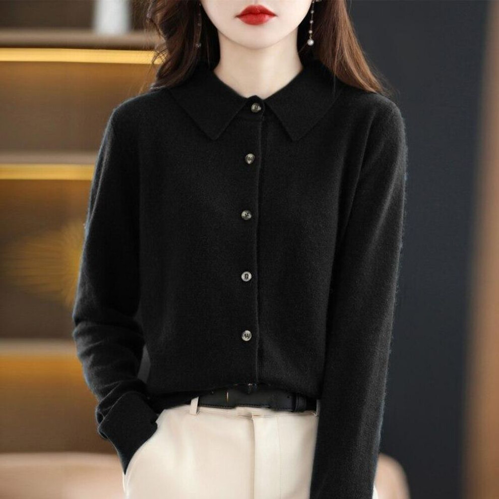 (Black, XXL) Women's Wool Knit Cardigan Jacket Loose Polo Collar Sweater Outer Solid Color Button Knit Shirt Pullover Korean Autumn Winter T-shirt