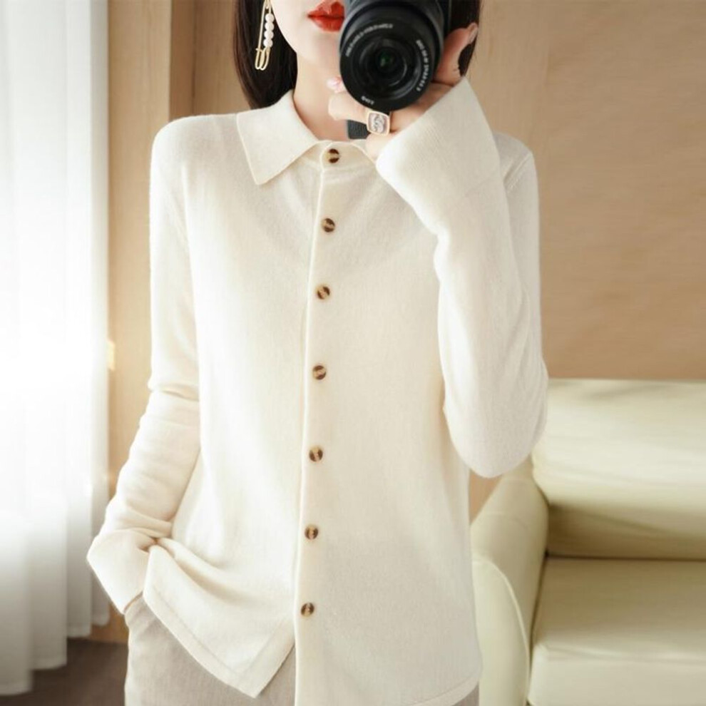 (Beige, XL) Women's Wool Knit Cardigan Jacket Loose Polo Collar Sweater Outer Solid Color Button Knit Shirt Pullover Korean Autumn Winter T-shirt