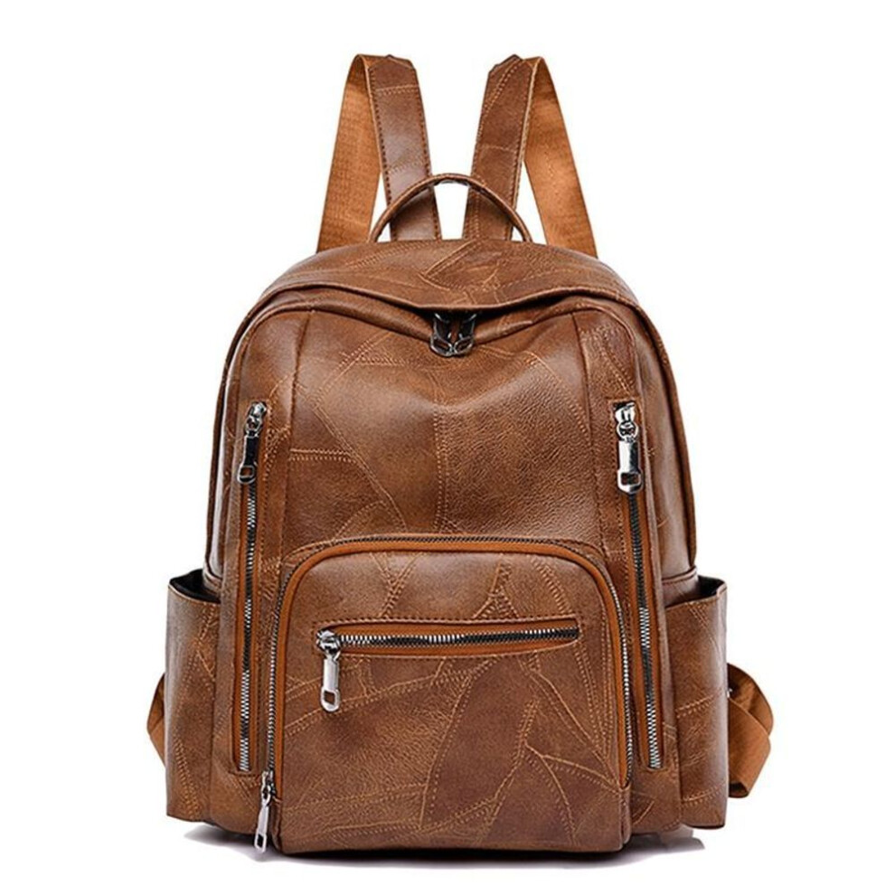 (brown) Ladies Vintage Soft Leather Large Capacity Backpack Multi-pocket Leather Student Backpack Travel Rucksack