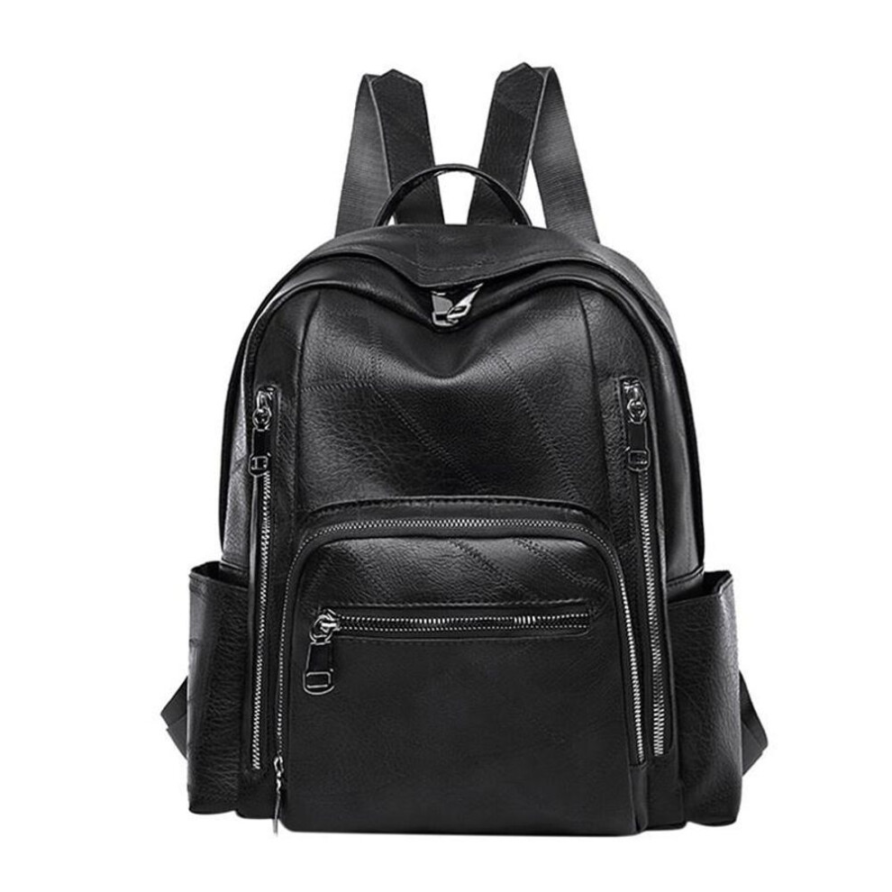 (black) Ladies Vintage Soft Leather Large Capacity Backpack Multi-pocket Leather Student Backpack Travel Rucksack