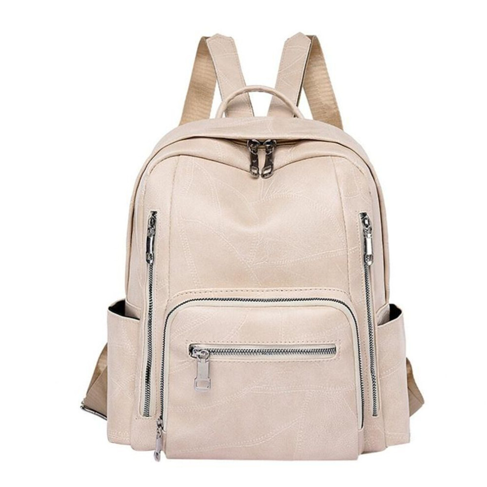 (beige) Ladies Vintage Soft Leather Large Capacity Backpack Multi-pocket Leather Student Backpack Travel Rucksack