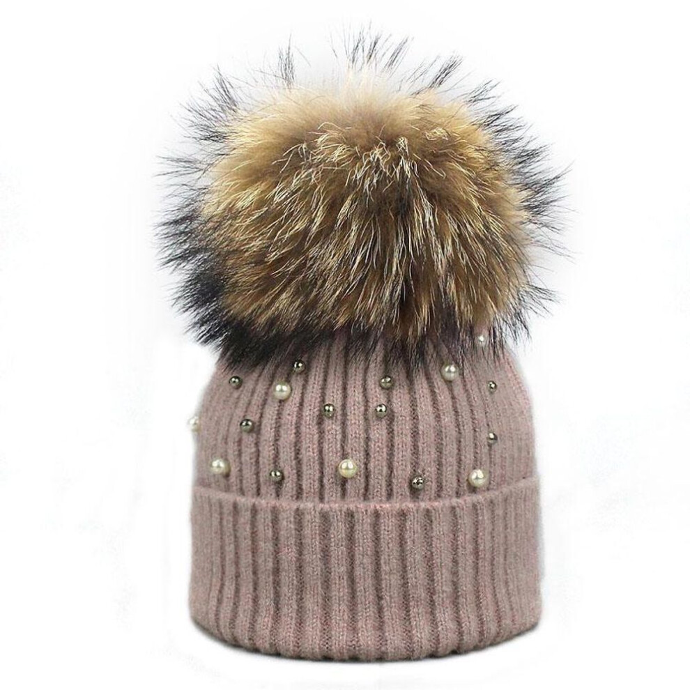 (as the picture, J) Hat Soft Wool Beanies Women Real Natural Fur Pom Poms Fashion Pearl Knitted Hat Girls Female Beanie Cap Pompom Winter Hats for Women